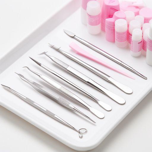 Sterile beauty tools arranged neatly on a clean tray beside lash extension supplies