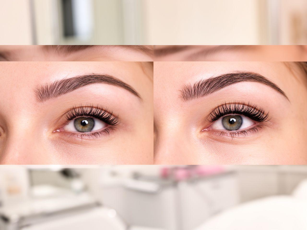 Vorher-nachher Collage von Wimpernverlängerungen und präzisem Brow-Styling in einem hellen Zürcher Salon