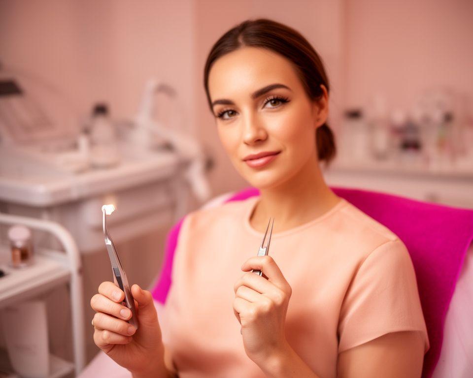 Stylish eyelash stylist in a Zürich studio, holding a precision tweezer beside a softly lit beauty bed