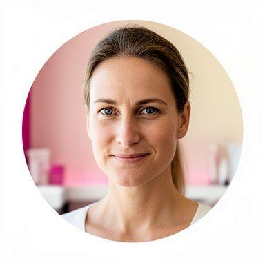 Portrait of the studio founder in a calm Zürich beauty room with soft daylight and a focused expression